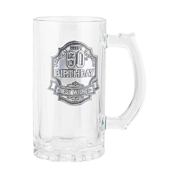 60th Badge Beer/Cider Glass Drinking Stein Drink Mug Birthday Gift Clear 450ml