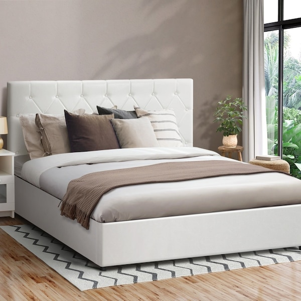 1x Oikiture Bed Frame King Size Gas Lift Storage Base White Leather COTI