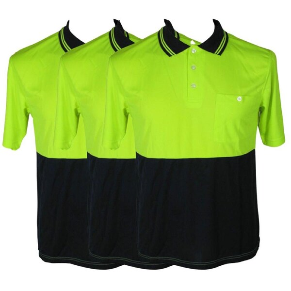 3x HI VIS Polo Shirt Top Tee Safety Workwear Short Sleeve Breathable Mesh BULK Yellow/Navy / L (18)
