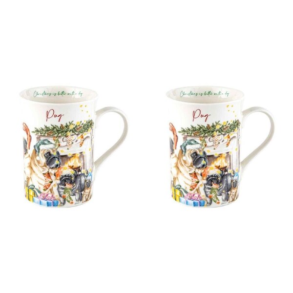 2PK Merry Muddy Paws Pug Dog/Puppy 360ml Coffee/Tea Mug Drinking Cup Bone China