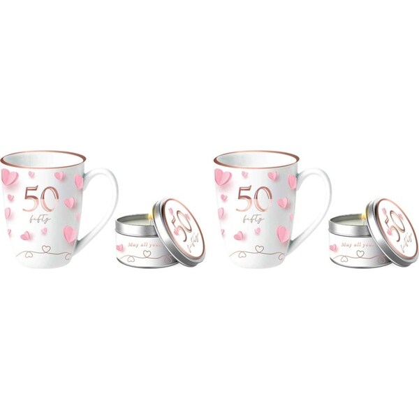 2PK Ceramic Mug 400ml & Candle Paper Hearts 50th Birthday Gift Celebration Set