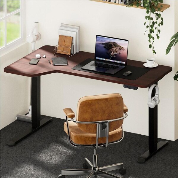 Oikiture L-shape Electric Standing Desk Single Motor Black Frame 145CM Walnut Desktop