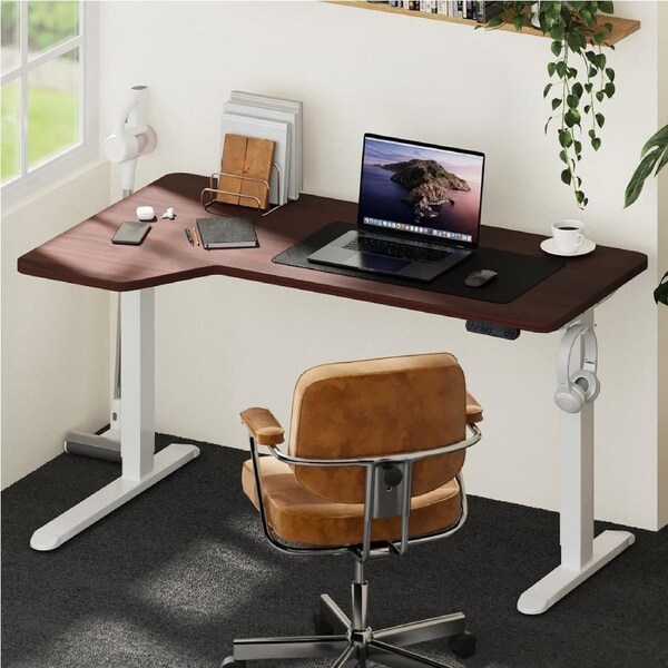 Oikiture L-shape Electric Standing Desk Single Motor White Frame 145CM Walnut Desktop