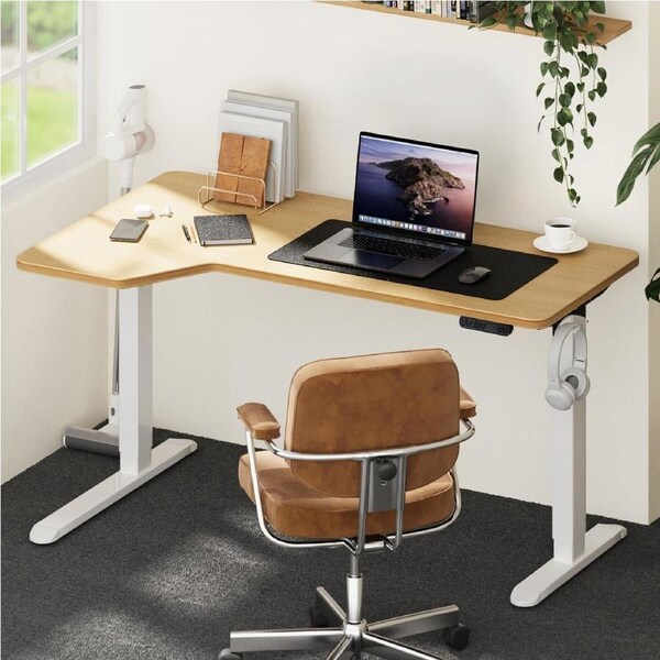 Oikiture L-shape Electric Standing Desk Single Motor White Frame 145CM OAK Desktop