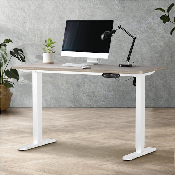 Oikiture Electric Standing Desk Single Motor White Frame 140CM Grey-Oak Tabletop
