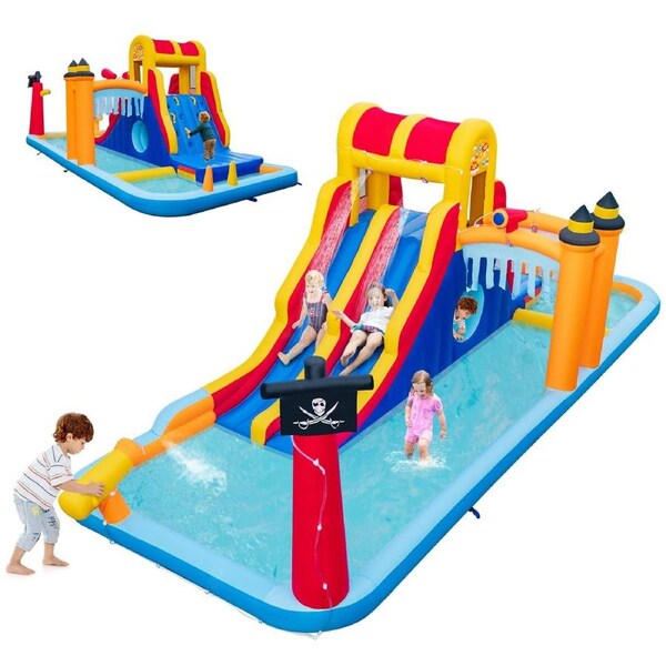 Costway 6 in 1 Water Slide Jumping Castle Water Park w/Dual Slides NO Blower Blue