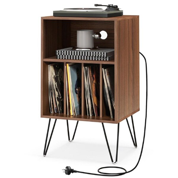 Costway Record Player Stand Bedside Table Nightstand W/Large Storage Capacity&Charging Station Walnut