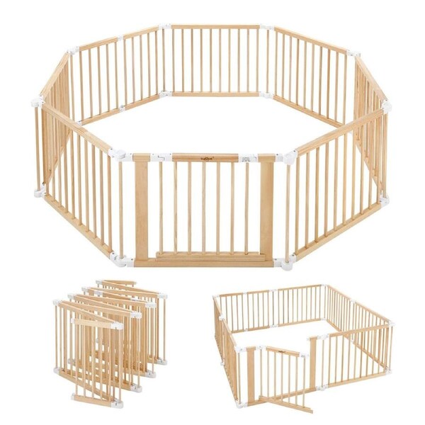 Kidbot Baby Playpen Gate 8 Panel Kids Pet Dog Wooden Safety Fence Activity Centre Play Yard Pen Foldable Travel Guard