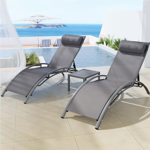 3PC Gardeon Sun Lounge Outdoor Lounger Steel Table Chairs Patio Furniture Grey