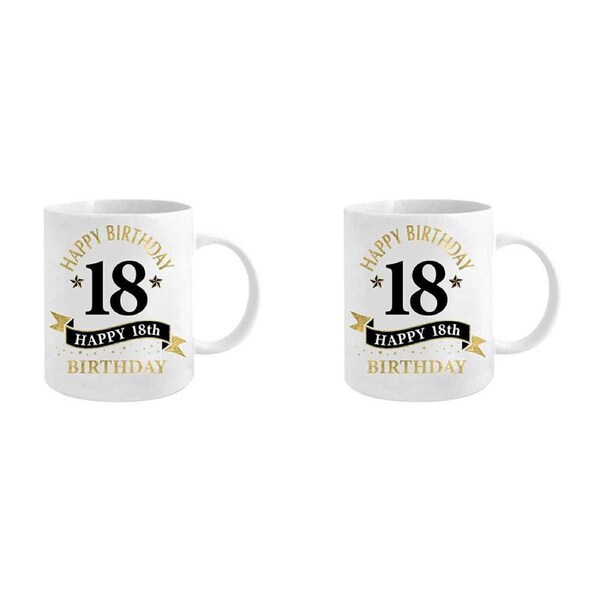 2x 18th Bday White & Gold 360ml Ceramic Coffee/Tea Mug Drink Water Cup w/ Handle