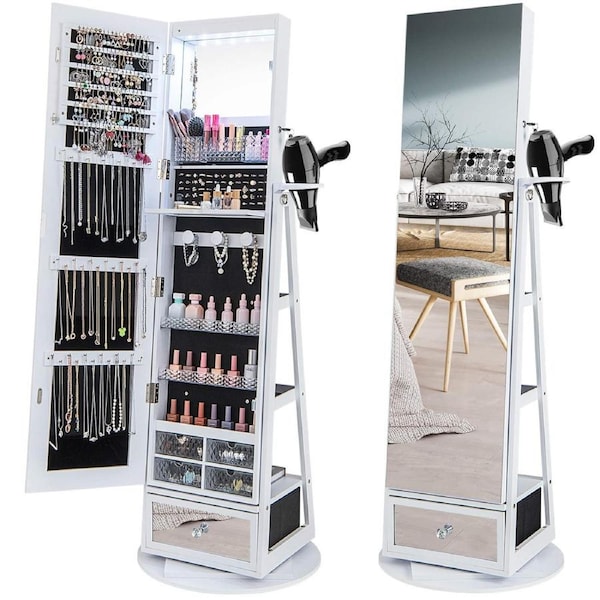 Costway Full Length Revolving Mirror Cabinet Perfect Jewelry Storage Cupboard w/Vanity Table Storage Shelves White