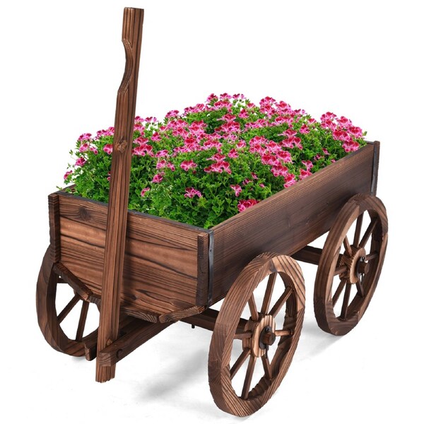 Costway 120cm Wooden Flower Cart Classic Plant Stand w/ 4 Wheels Wagon Planter Coffee