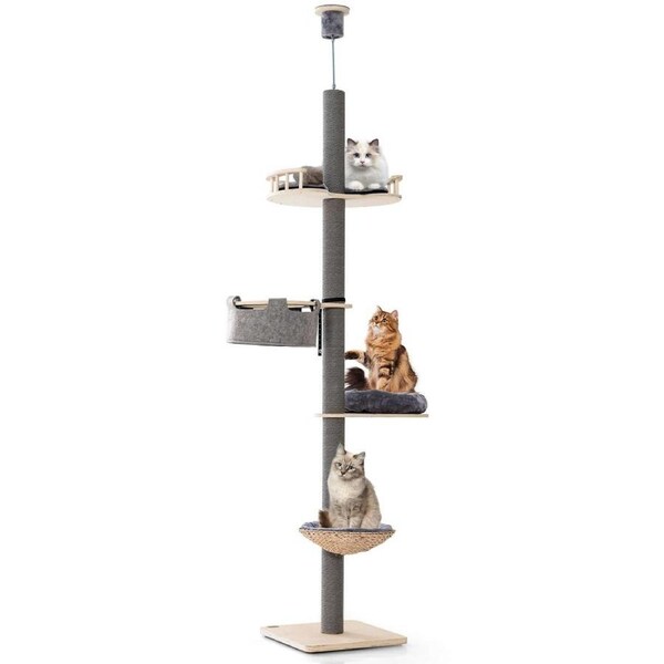 Costway 2.3-2.7m Height Adjustable Cat Scratching Post Floor to Ceiling Cat Tree Cat Bed Grey