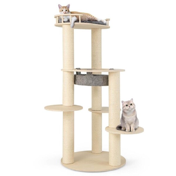 Costway 5-level Sturdy Wooden Cat Tree Round Cat Scratching Post for Indoor Kittens Grey