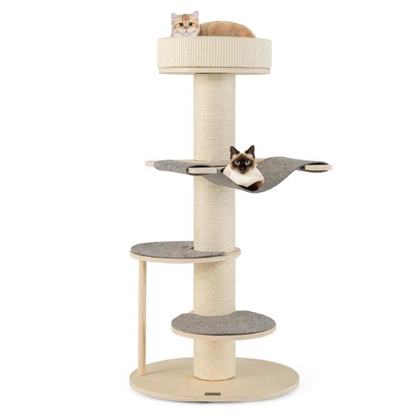 Costway 1.2m Round Wooden Cat Tree Tower Multi-level Cando House Furniture Grey