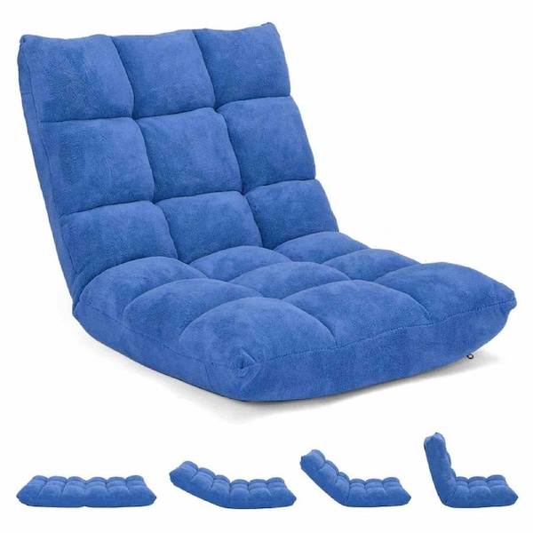 Costway Floor Sofa Chair Velvet Lounge Couch w/14-Position Adjustable Back Home Office Recliner Navy