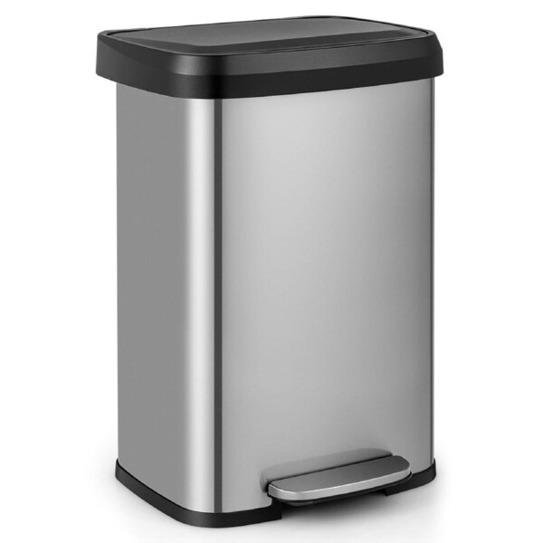 Costway 50L Stainless Steel Trash Can Garbage Bin for Home Office w/Foot Pedal Lid & Deodorizer Compartment Grey