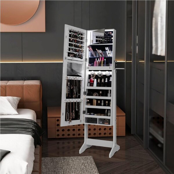 Costway Jewellrry Organiser Jewellery Cabinet Makeup Mirror w/3-Color LED Lights Floor Jewellery Box White