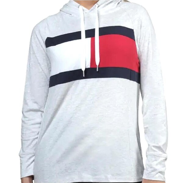 Tommy Hilfiger Women's Long Sleeve Hoodie Tee w/Colour Block Flag White XS
