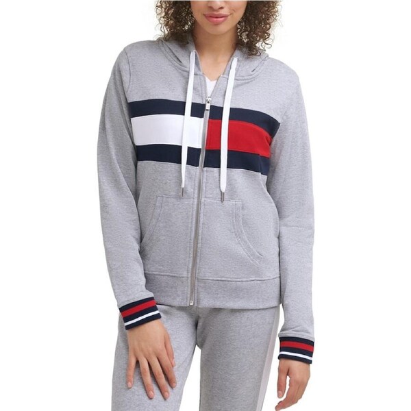 Tommy Hilfiger Women's Zip Front Hoodie Flag Colour Block & Stripe Grey S