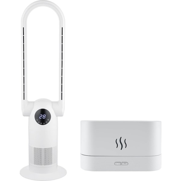 ACA White Bladeless Floor Fan Cool Heat Airflow 9H Timer Remote Touch Control Diffuser Air Humidifier Set Home Office