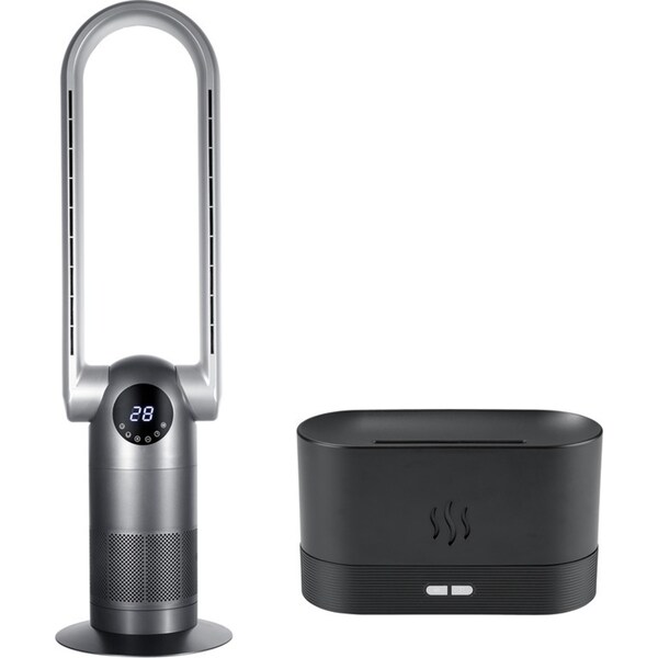 ACA Black Bladeless Floor Fan Cool Heat Airflow 9H Timer Remote Touch Control Diffuser Air Humidifier Set Home Office