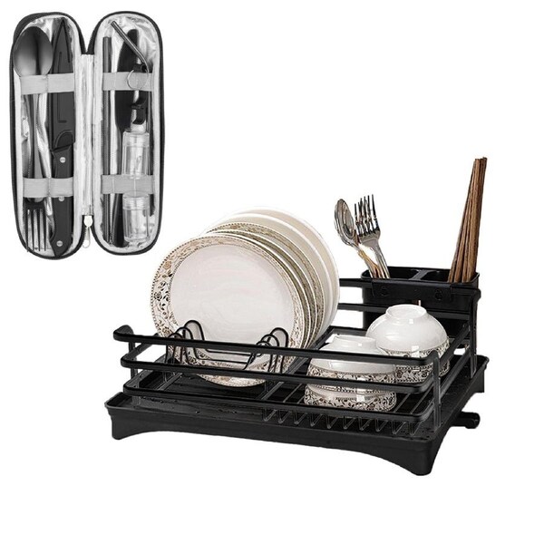 ACA Kitchen Storage Rack Dish Drying Rack Drainer Organiser Basket Black With Camping Cutlery Set