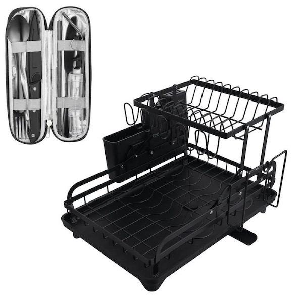ACA Black Kitchen Cutlery Organiser Storage Dish Rack Drying Drainer Tray Cup Dry Holder With Cutlery Set