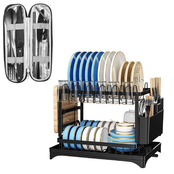 ACA 2 Tiers Black Dish Rack Steel Kitchen Drying Drainer Tray Cutlery Holder Storage Camping Cutlery Set Gift