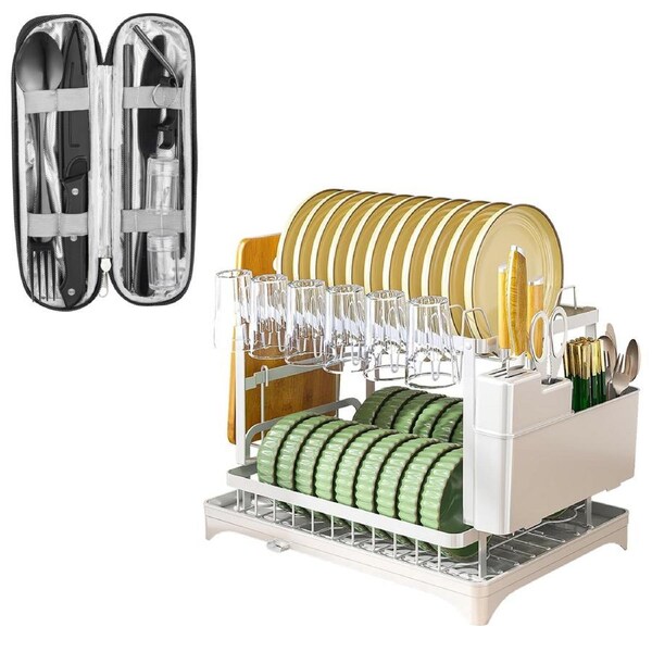 ACA 2 Tiers White Dish Rack Steel Kitchen Drying Drainer Tray Cutlery Holder Storage Camping Cutlery Set Gift