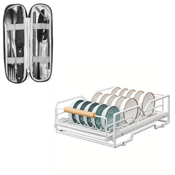 ACA White Kitchen Sink Pull Out Bowl Rack Drying Draining Tray Basket Storage With Tarvel Cutlery Set