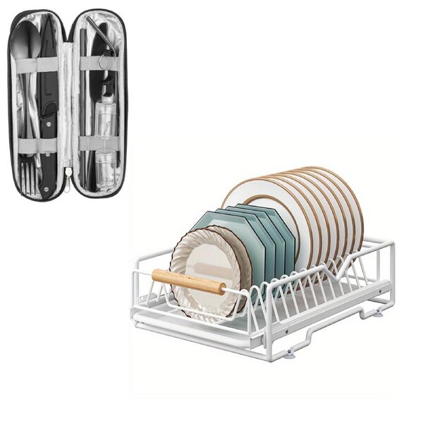 ACA Kitchen Dish Rack Holder Pull-out Drawer Draining Tray Storage With Tarvel Cutlery Set