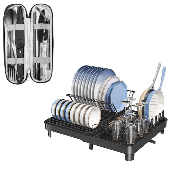 ACA Black Dish Drying Rack Cutlery Cup Bowl Holder Drainer Tray Kitchen Storage With Tarvel Cutlery Set