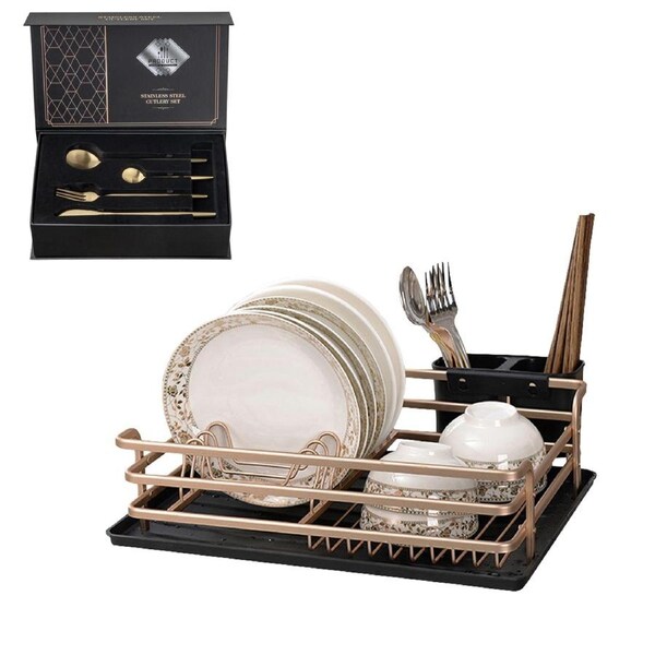 ACA Kitchen Storage Rack Dish Drying Rack Drainer Organiser Basket Gold With Camping Cutlery Set