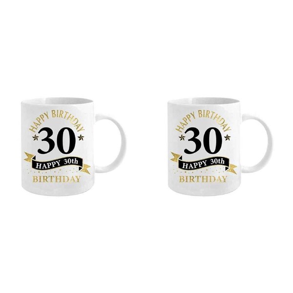 2x 30th Bday White & Gold 360ml Ceramic Coffee/Tea Mug Drink Water Cup w/ Handle