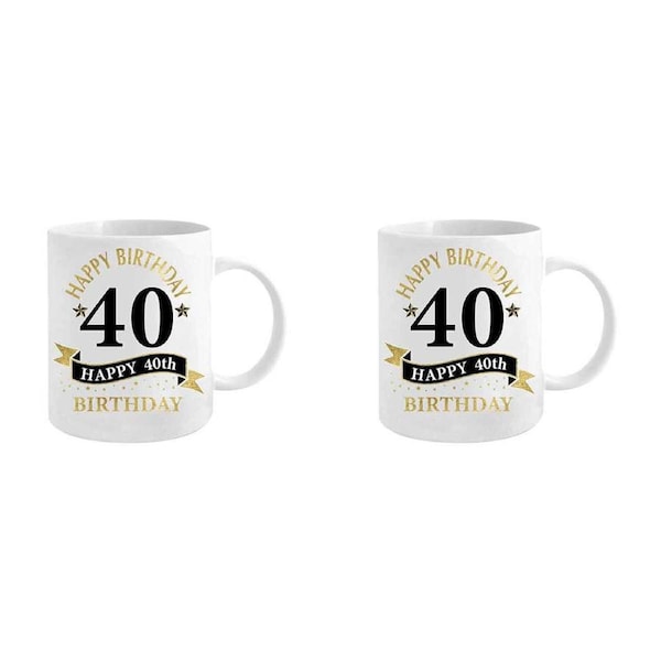 2x 40th Birthday White & Gold 360ml Ceramic Coffee/Tea Mug Drinking Cup w/Handle