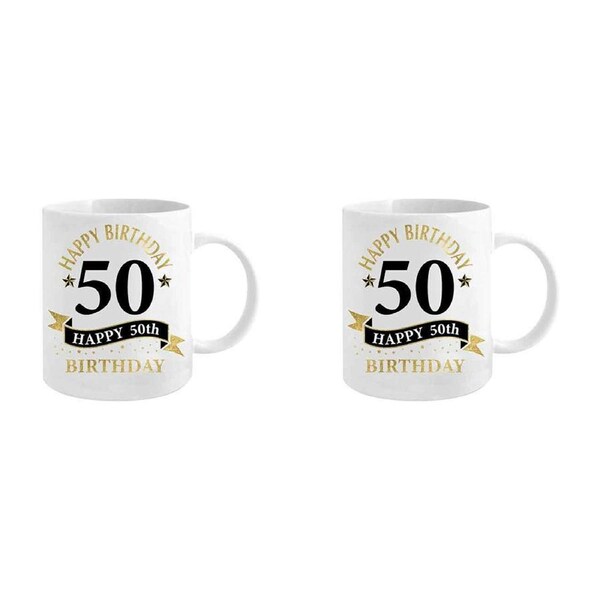 2x 50th Bday White & Gold 360ml Ceramic Coffee/Tea Mug Drink Water Cup w/ Handle