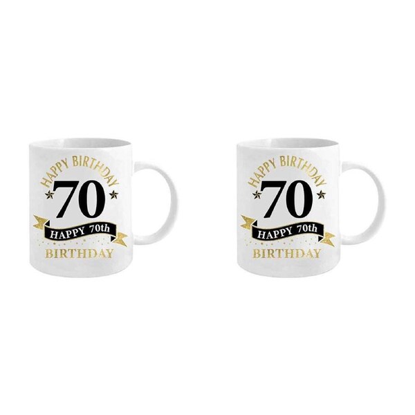 2x 70th Birthday White & Gold 360ml Ceramic Coffee/Tea Mug Drinking Cup w/Handle