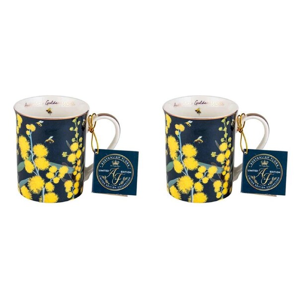 2x Australian Flora Golden Wattle 360ml Coffee Mug New Bone China Cup w/ Handle
