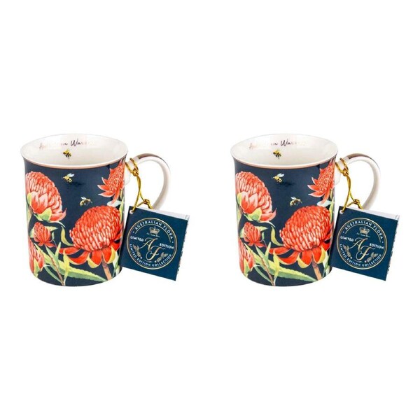 2x Australian Flora Waratah 360ml Coffee Mug New Bone China Drink Cup w/ Handle