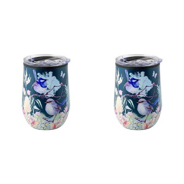 2x Australian Flora Blue Wren 360ml S/S Vacuum Insulated Tumbler Double Walled