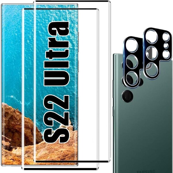[2+2 Pack] 2 Pack S22 Ultra 5G Glass Screen Protector + 2 Pack Camera Lens Protector-For S22 Ultra 5G