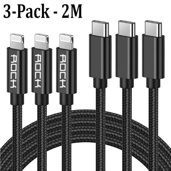 3 Pack 2m/6FT Braided USB-C To Lightning Fast Charger Cord For iPhone & iPad - Black