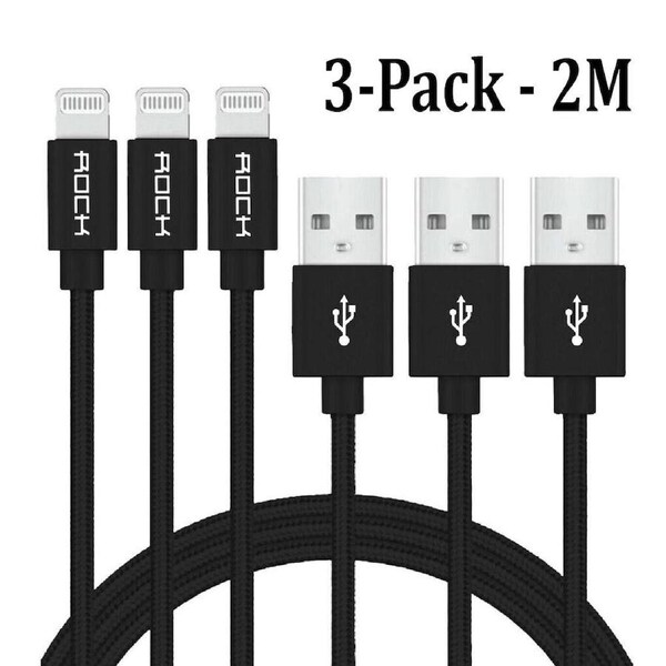 3 Pack 2m/6FT Lightning To USB Fast Charger Cord Braided For iPhones X 11 12 13 14 iPad - Black