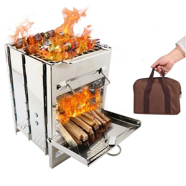 Folding Campfire Grill, Mini Stainless Steel Stove Solidified Alcohol Stove with Grill Gate,Portable Backpacking Wood Stove for Outdoor Hiking BBQ