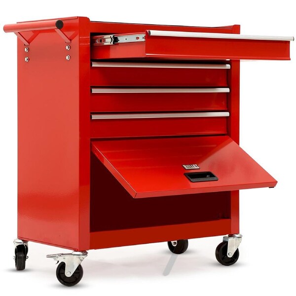 BULLET Pro 4 Drawer Tool Box Cabinet Trolley Storage, 1-Door Toolbox Garage Organiser Set, Red