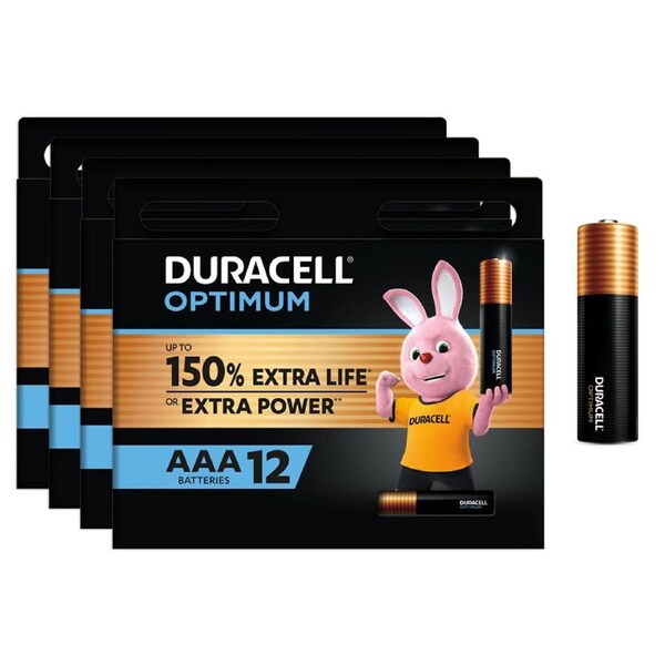 4x 12pc Duracell Optimum Alkaline AAA Size Battery Pack Single Use Batteries