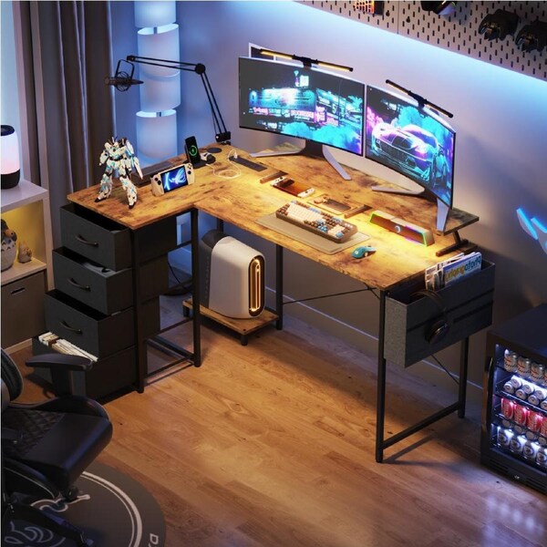 Advwin 140cm L Shaped Gaming Desk with LED Lights & Power Outlets Convertible Corner Desk with Monitor Stand & Drawer Walnut
