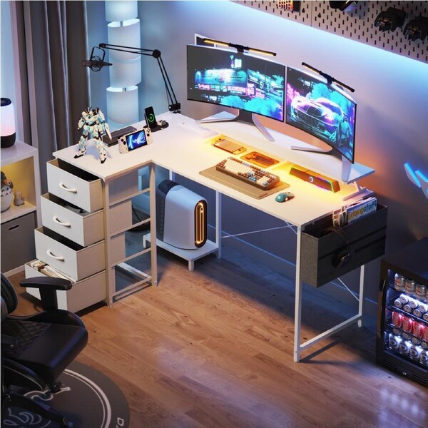 Advwin 140cm L Shaped Gaming Desk w/ LED Lights & Power Outlets Convertible Computer Workstation w/ Monitor Stand & Drawer White