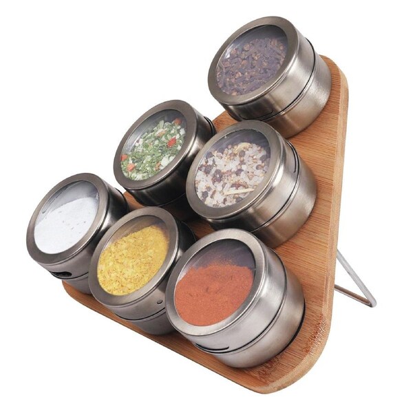 Magnetic Triangular Bamboo Spice Rack & Jars For Kitchen Storage